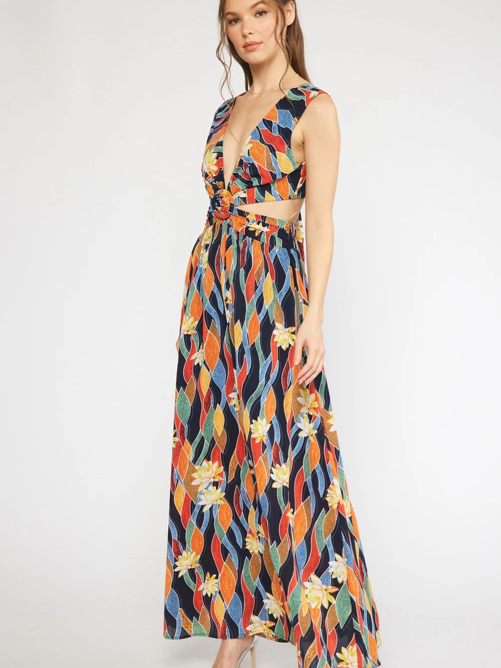 Colorful Wave-Print Cutout Maxi Dress